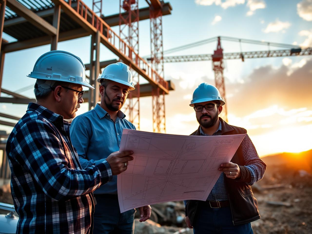 Engineers reviewing blueprints on site